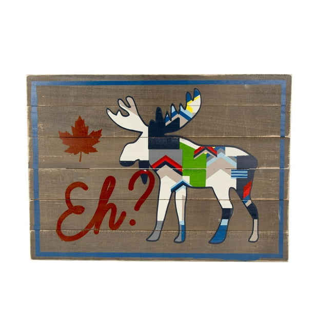 Plaque murale en bois patiné à motif d' « Eh? » et d'élan géométrique de Canadiana