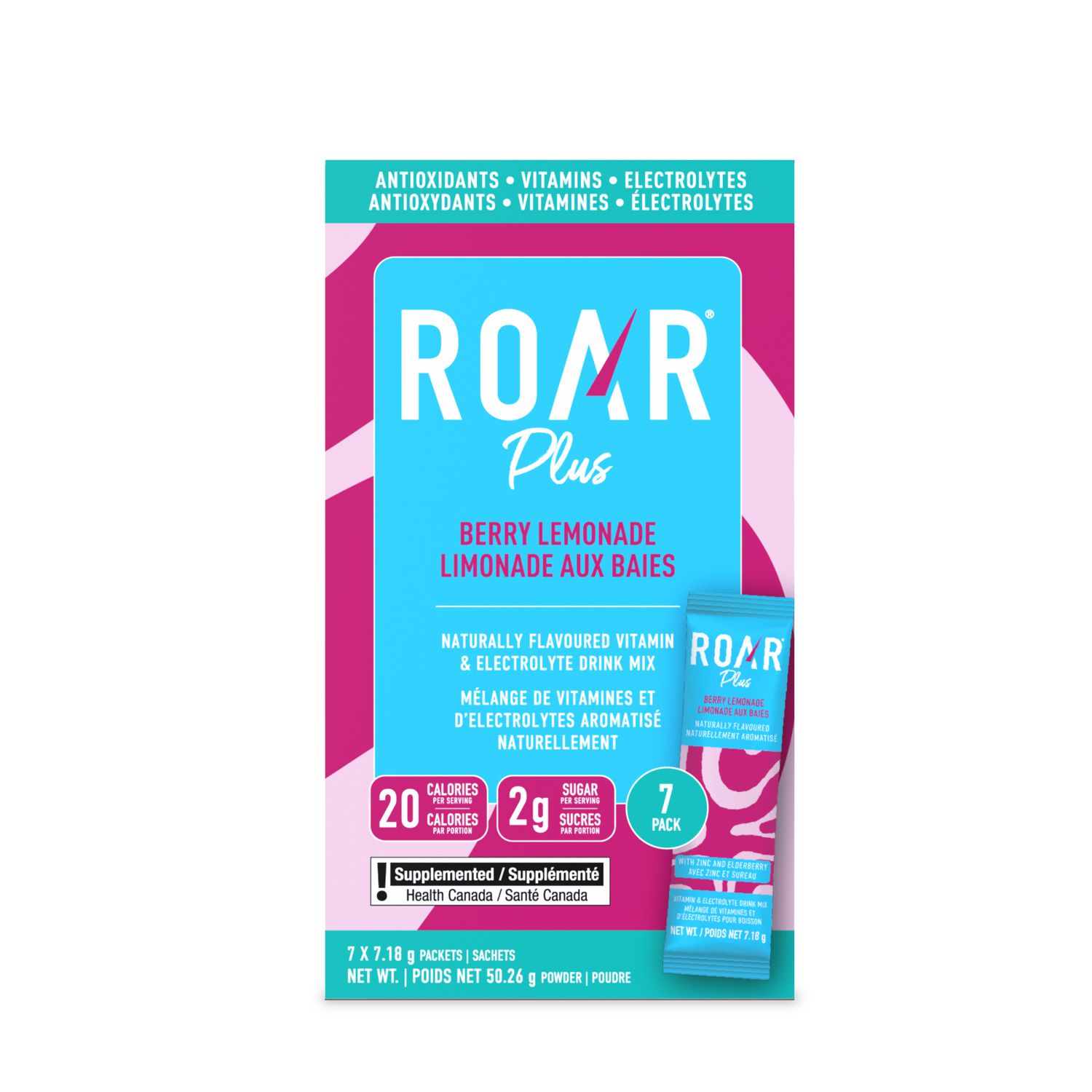 Bâtonnets de poudre d'électrolyte Roar Plus Berry Lemonade