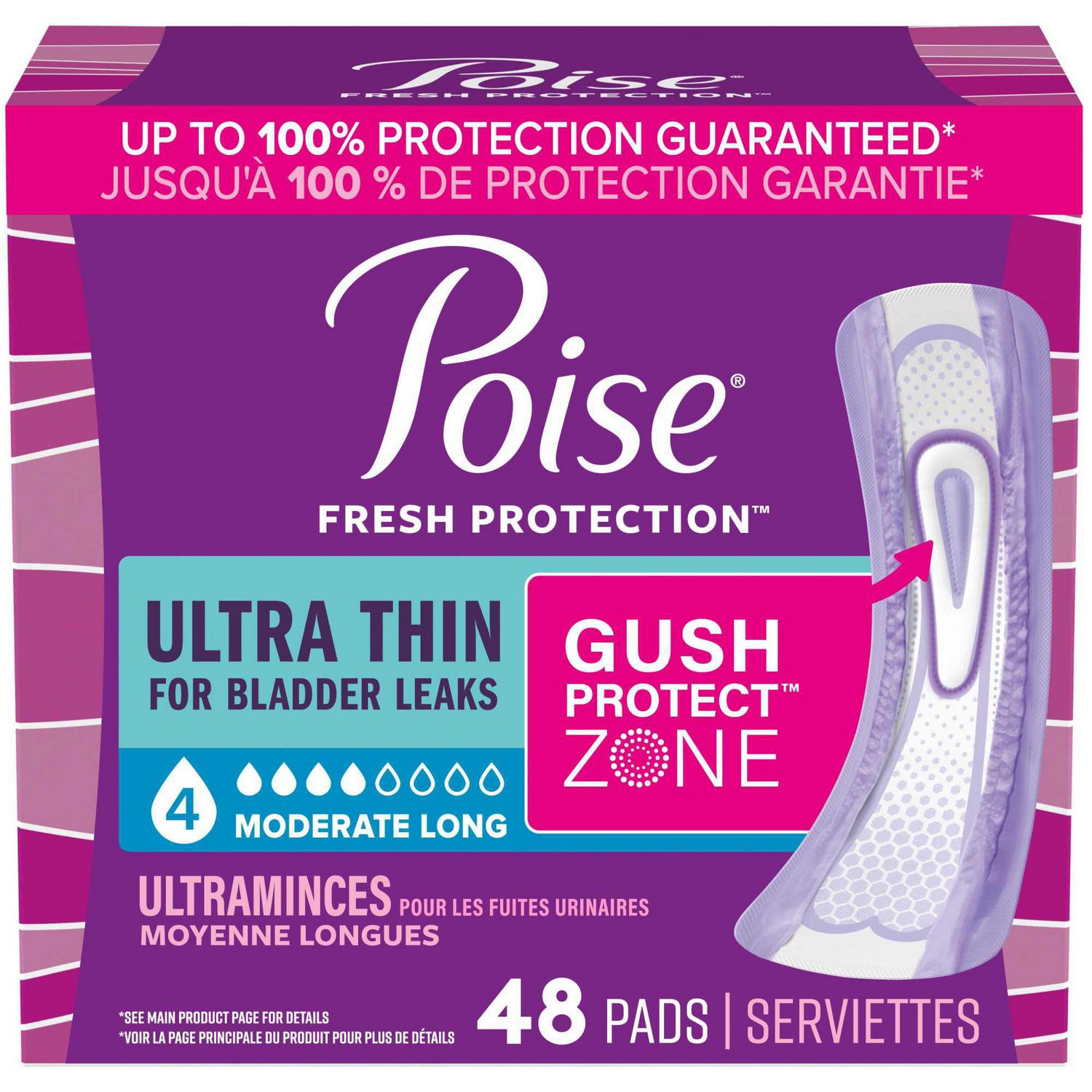 Poise Ultra Thin Incontinence Pads, 4 Drop Moderate Absorbency, Long Length, 48 Count