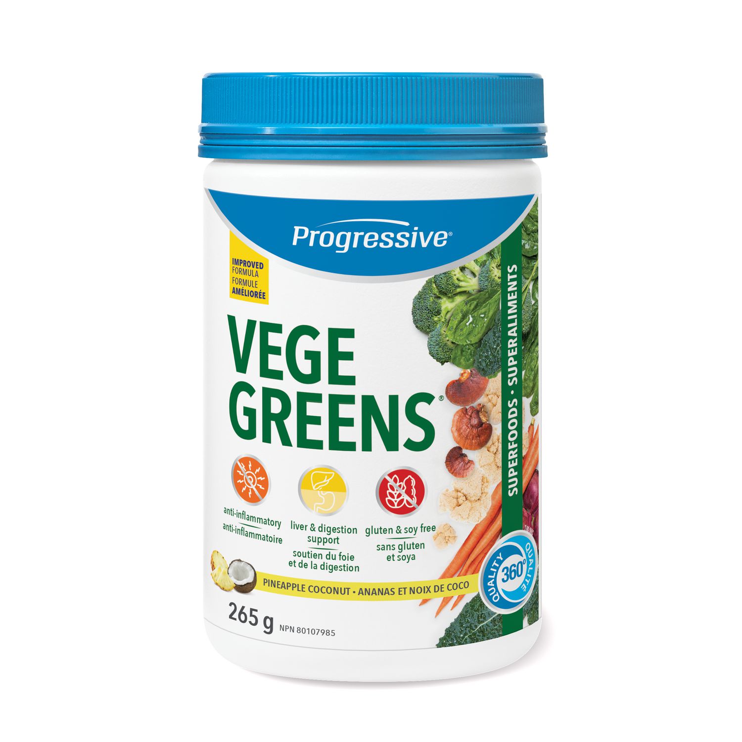 Progressive VegeGreens Superfood & Adaptogen Powder, Pineapple Coconut Flavour, 265 g