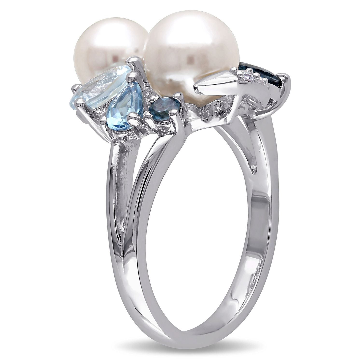 Tangelo White Cultured Freshwater Pearl And 1.75 Carat T.G.W. Created White Sapphire with Blue Topaz Sterling Silver Cocktail Ring
