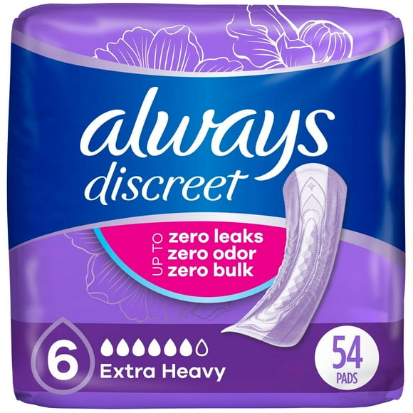 Always Discreet Adult Incontinence Pads for Women, Extra Heavy Absorbency, Regular Length, Postpartum Pads, 54CT