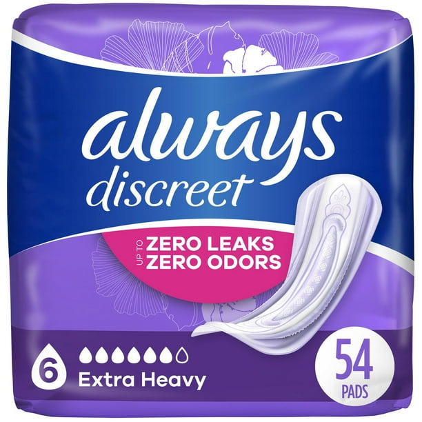 Serviettes d’incontinence et de post-partum Always Discreet, longues, degré d’absorption très abondant, pour femmes, 54 serviettes 54CT