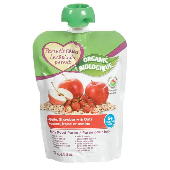 Purée biologique pour bébés Le choix du parent à saveur de pomme, de fraise et d'avoine