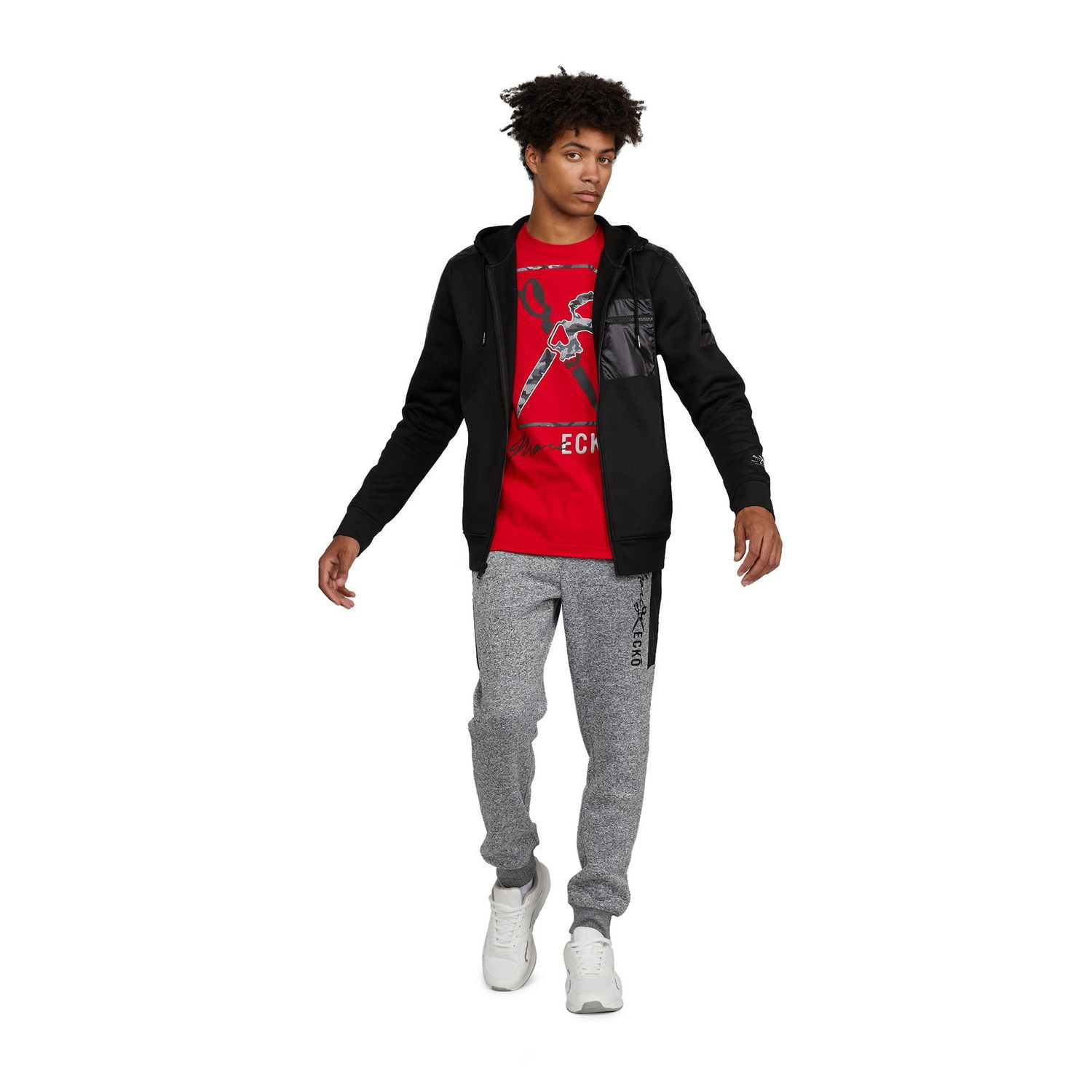 Sweat à capuche zippé avec logo Mark Ecko pour hommes avec superposition d'épaule