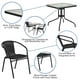 Table carrée 28 po en verre et métal avec bordure en rotin noir et 2 chaises empilables en rotin noir – image 4 sur 9