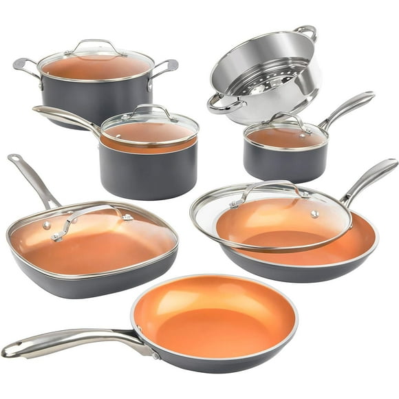 Gotham Steel Ensemble de casseroles et poêles 12 pièces avec revêtement en céramique ultra antiadhésif, non toxique, poignées qui restent froides, ustensiles en métal/four/lave-vaisselle