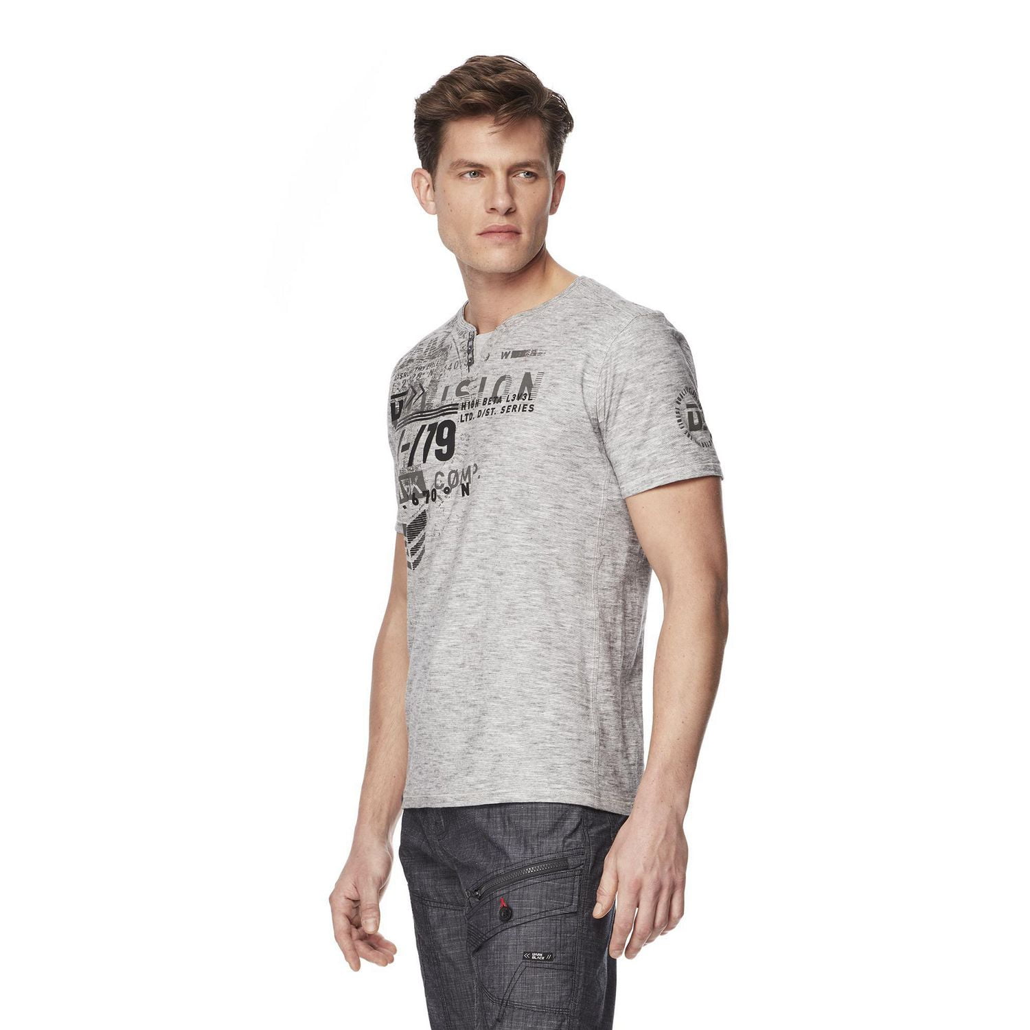 Dark Black Men's Short-Sleeve Graphic Henley T-Shirt