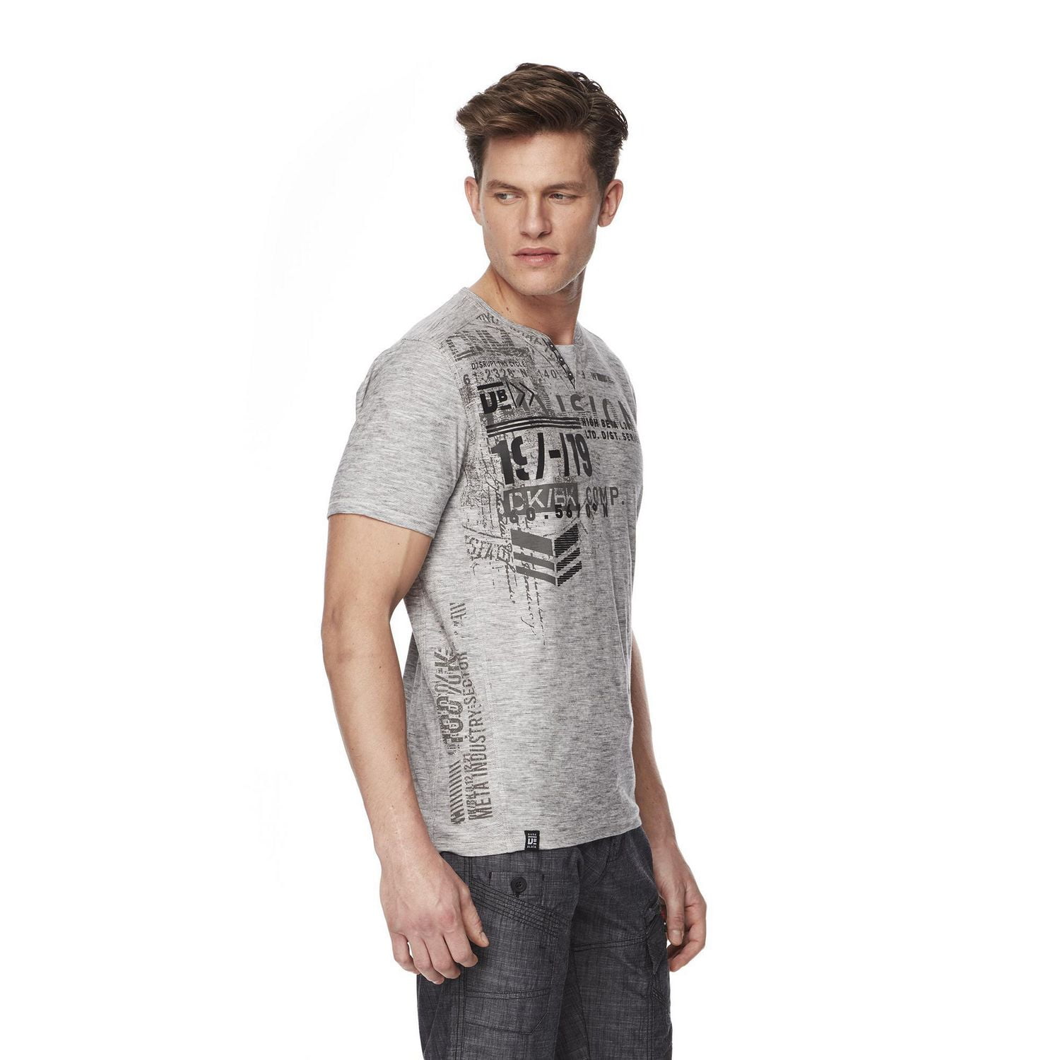 Dark Black Men's Short-Sleeve Graphic Henley T-Shirt