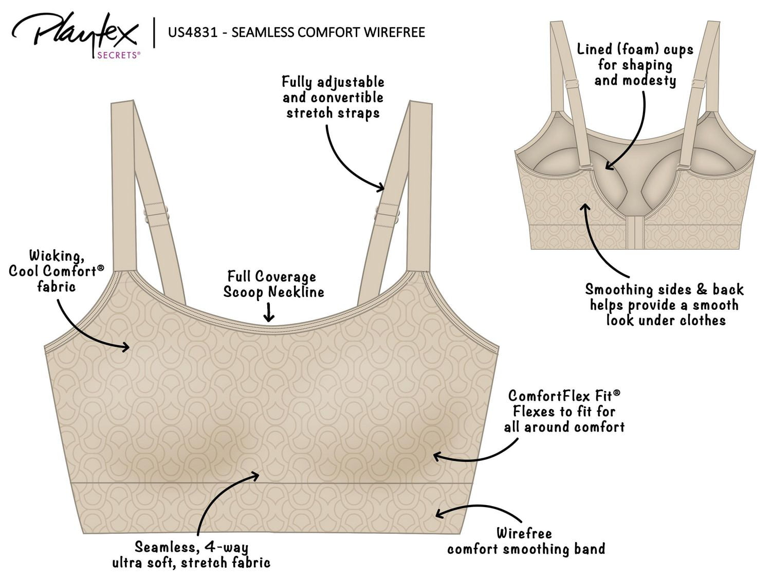 Playtex Seamless Comfort Wireless Bra, Sizes: S- 3XL