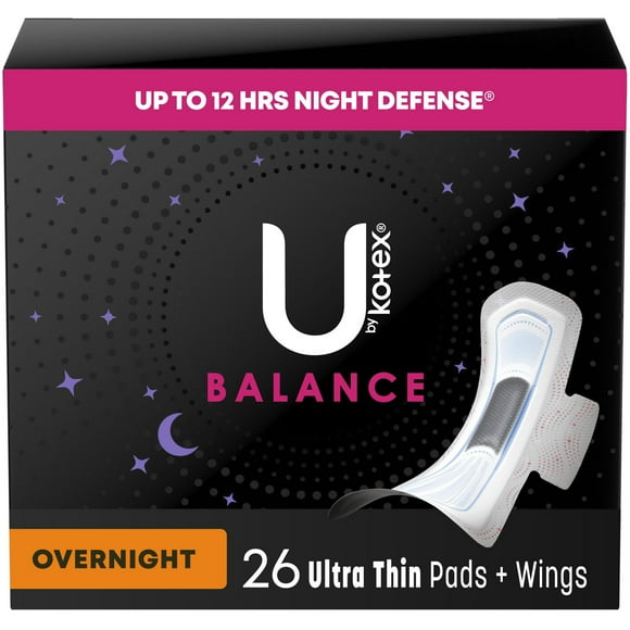 U by Kotex Balance Ultra Thin Overnight Pads with Wings, 26 Count, 26 Count