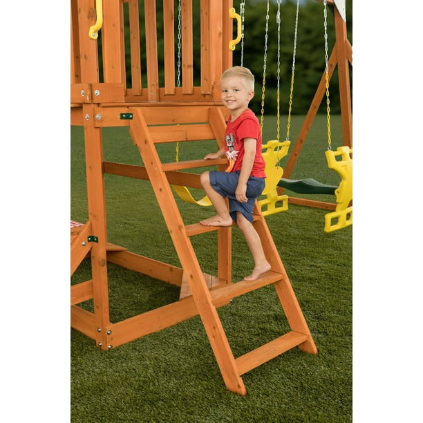 Balançoire double pour enfants, avec toboggan et échelle d'escalade, cadre  de balançoire extérieur en bois