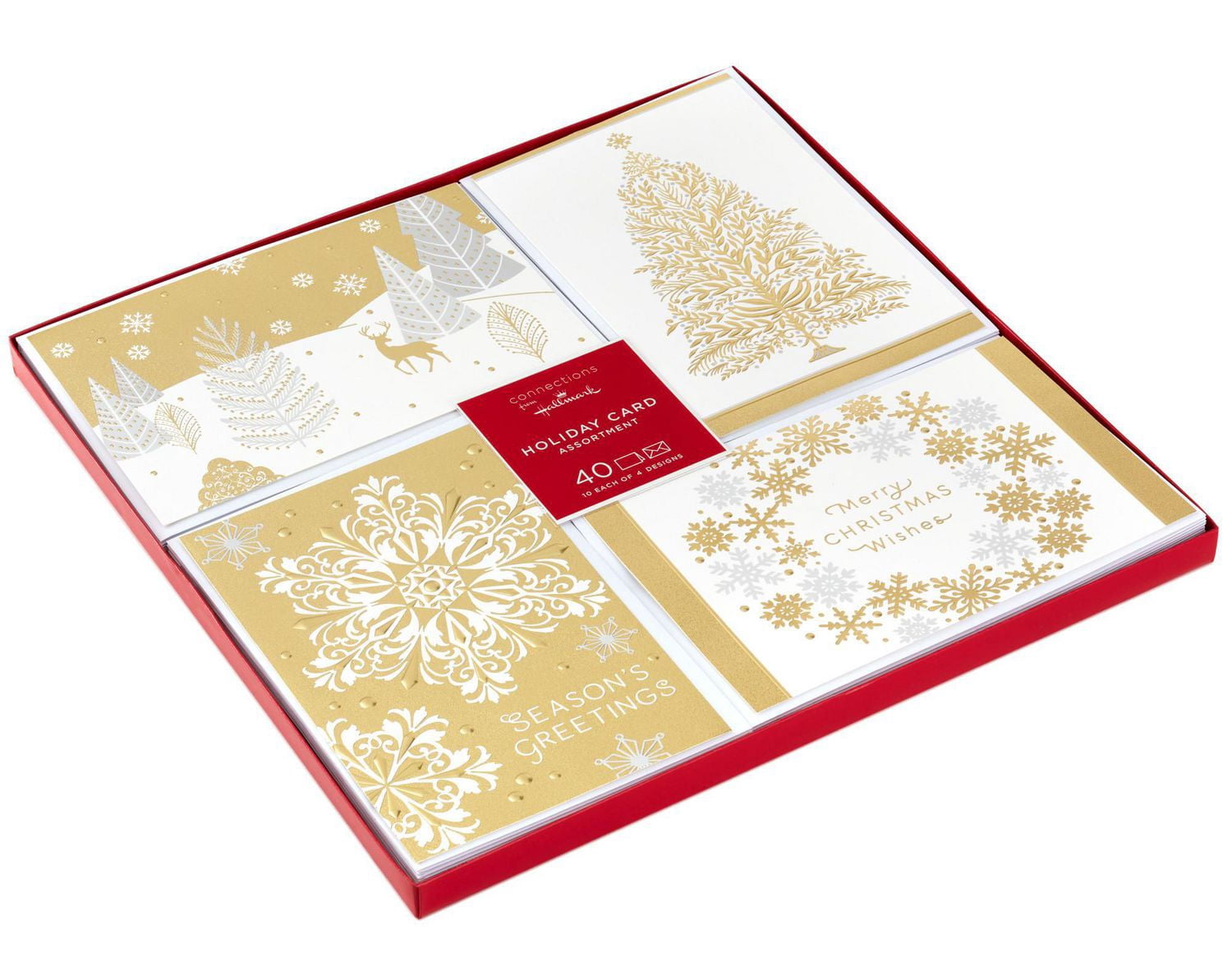 Walmart-exclusive boxed Christmas cards include 40 cards (10 each of 4  designs) and 40 white envelopes. Each card features an elegant holiday  design with gold foil decoration. | Walmart Canada