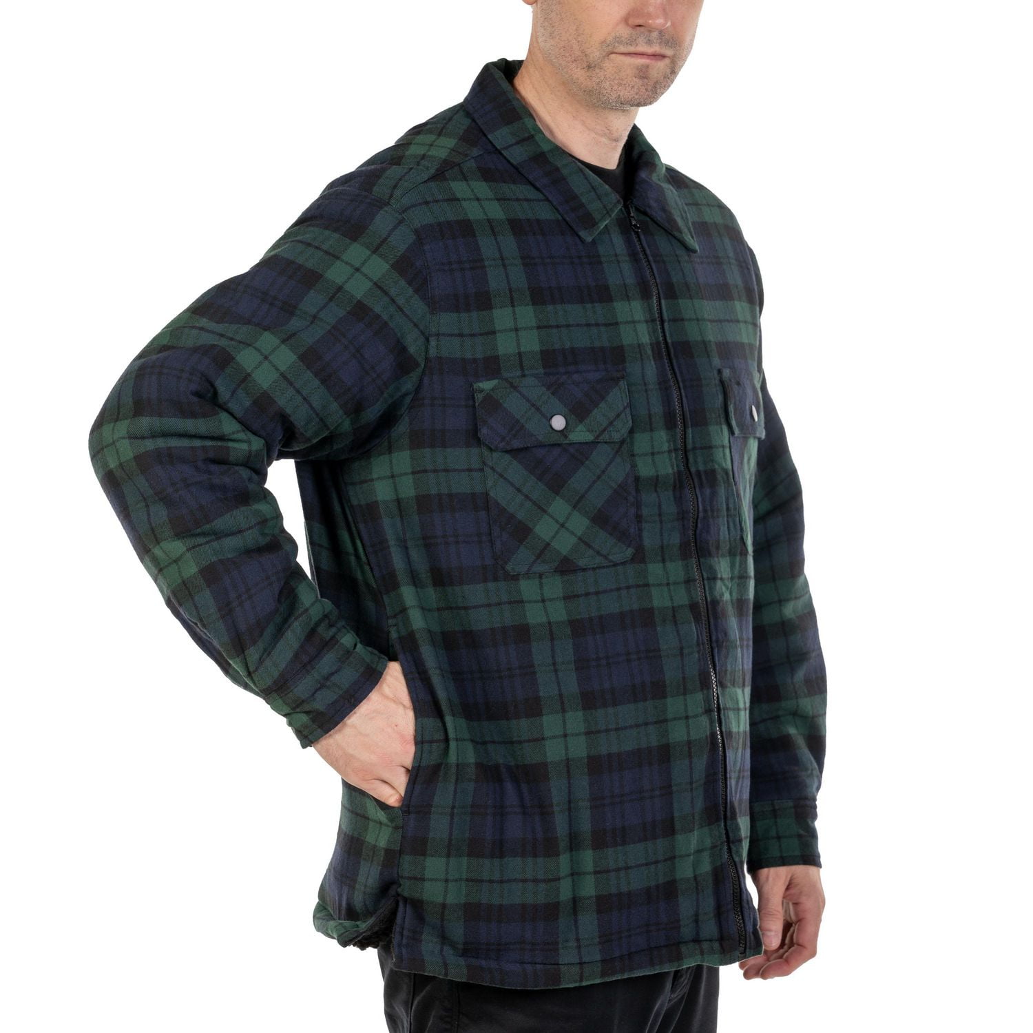 Workload Black Watch Plaid Sherpa Lined Flannel Shirt Jacket with Front Zip