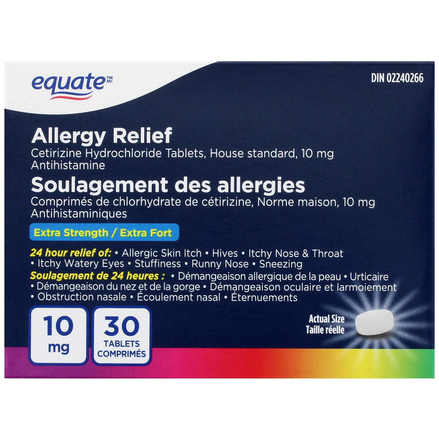 Cetirizine Tablets 10 mg front-facing blister pack showing tablet format of round white tablets and printed label stating 10 mg and once-daily 24-hour allergy relief for ages 12+; suited for seasonal allergies, relieves itchy watery eyes, runny nose, sneezing and hives.