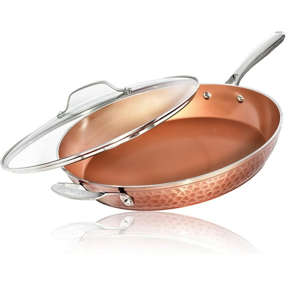 Gotham Steel Poêle à frire antiadhésive en cuivre martelé de 35,6 cm avec couvercle, revêtement en céramique et plaque à induction pour un chauffage uniforme, passe au four/lave-vaisselle, 100 % saine et non toxique