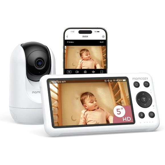 Momcozy Baby Monitor WiFi intelligent avec caméra et audio, écran 5" 1080P avec fixation murale, détection des mouvements et des pleurs, clôture de sécurité, vision nocturne claire, batterie 5000mAh, conversation à 2 voies, enregistrement photo et vidéo