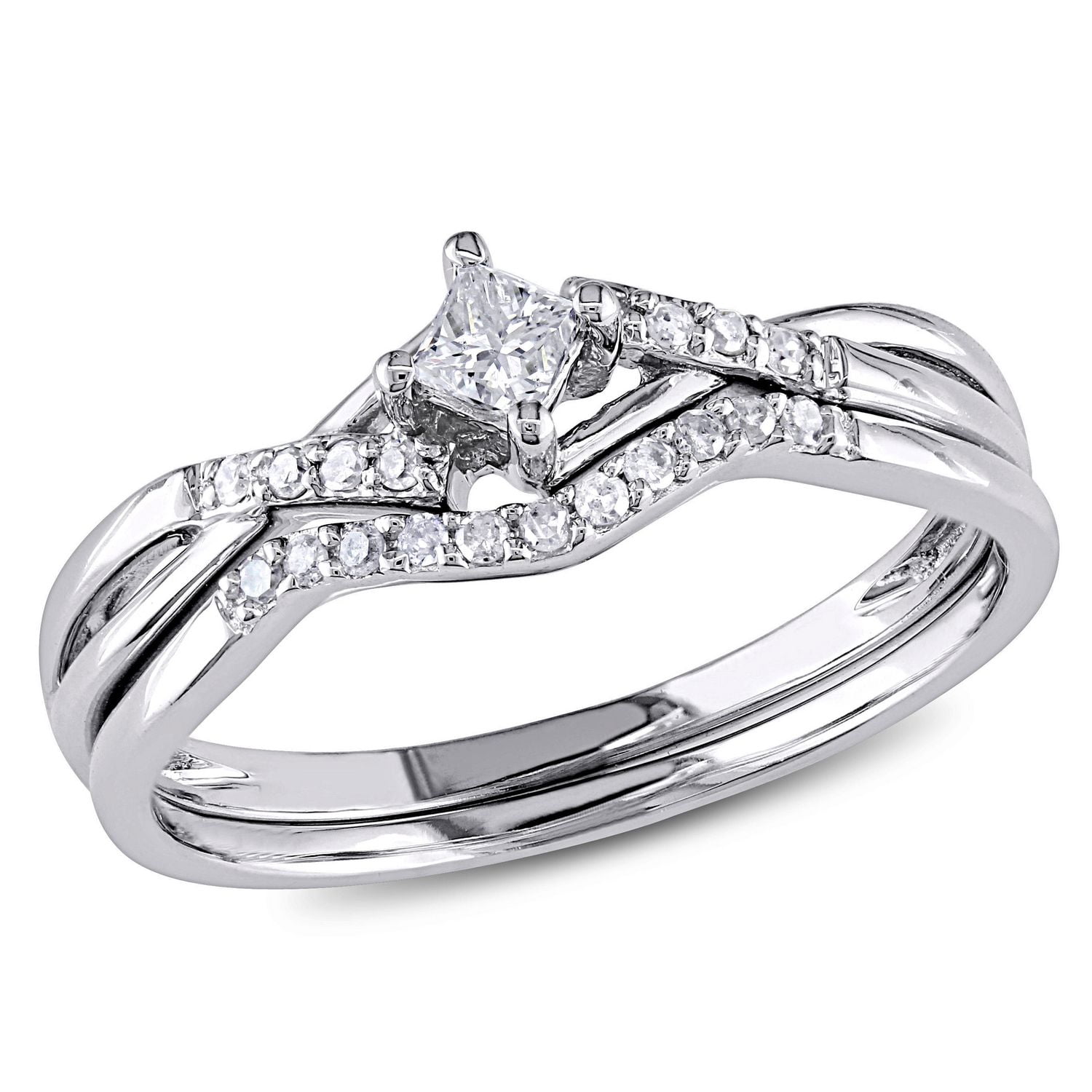 Miabella 0.20 Carat T.W. Princess and Round-Cut Diamond 10 K White Gold Bypass Bridal Set