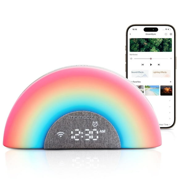 Momcozy DreamSync Tech™ Baby Sound Machine, veilleuse, contrôle APP, constructeur de routine, machine à bruit blanc avec 34 sons apaisants, réveil lumineux Sunrise, haut-parleur sans fil.