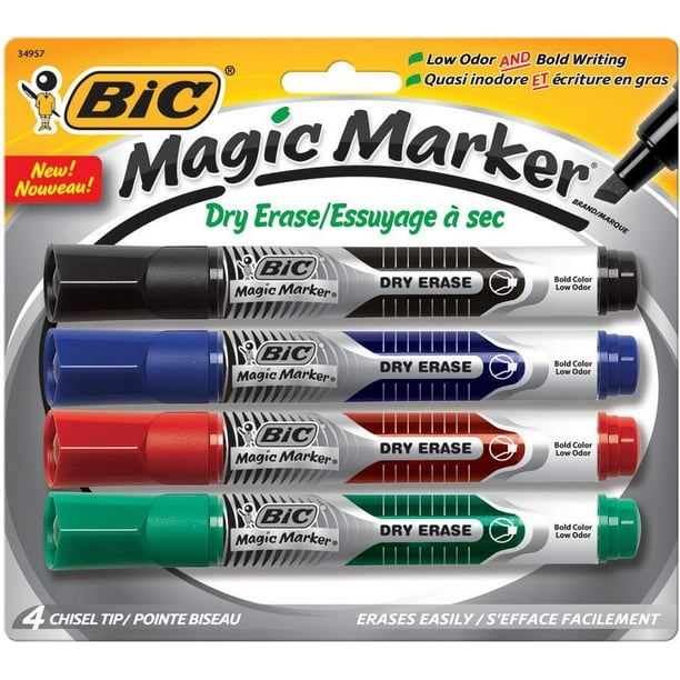 BIC Magic Marker MARQUEUR À ESSUYAGE À SEC encre liquide ASSORTIES Gros format Emballage coque de 4