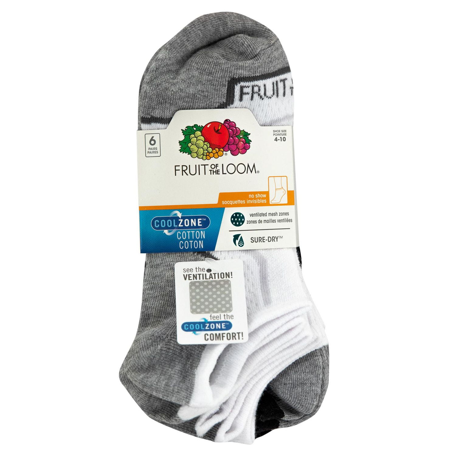 Fruit of the Loom - Ladies 6 Pack CoolZone Cotton No Show Socks
