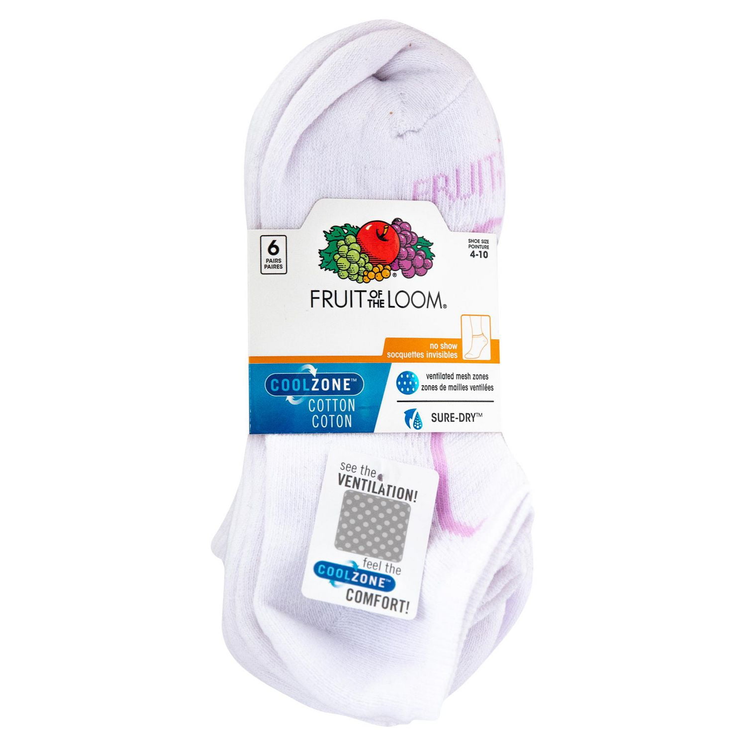 Fruit of the Loom - Ladies 6 Pack CoolZone Cotton No Show Socks