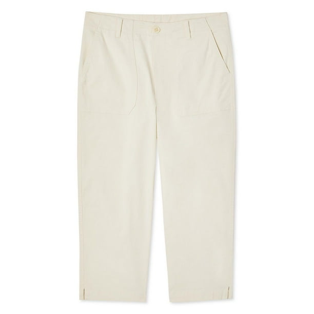 Womens Summer Capri Pants Elastic Waist Cotton Linen Wide Leg