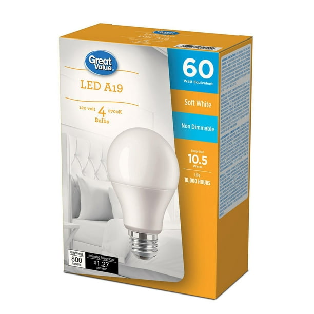 Ampoules DEL Great<br>Value A19 60 W blanc<br>doux, paq. de 4 GV DEL A19 60W