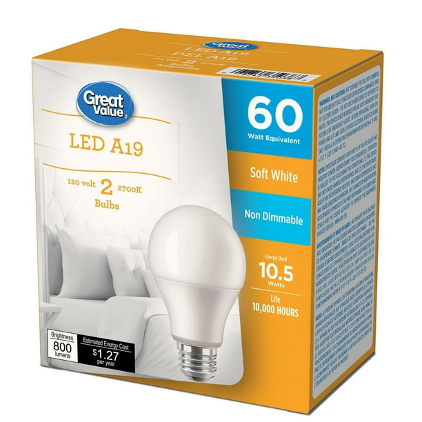 Ampoules DEL Great<br>Value A19 60 W blanc<br>doux, paq. de 2 Non gradables, 800<br>lumens