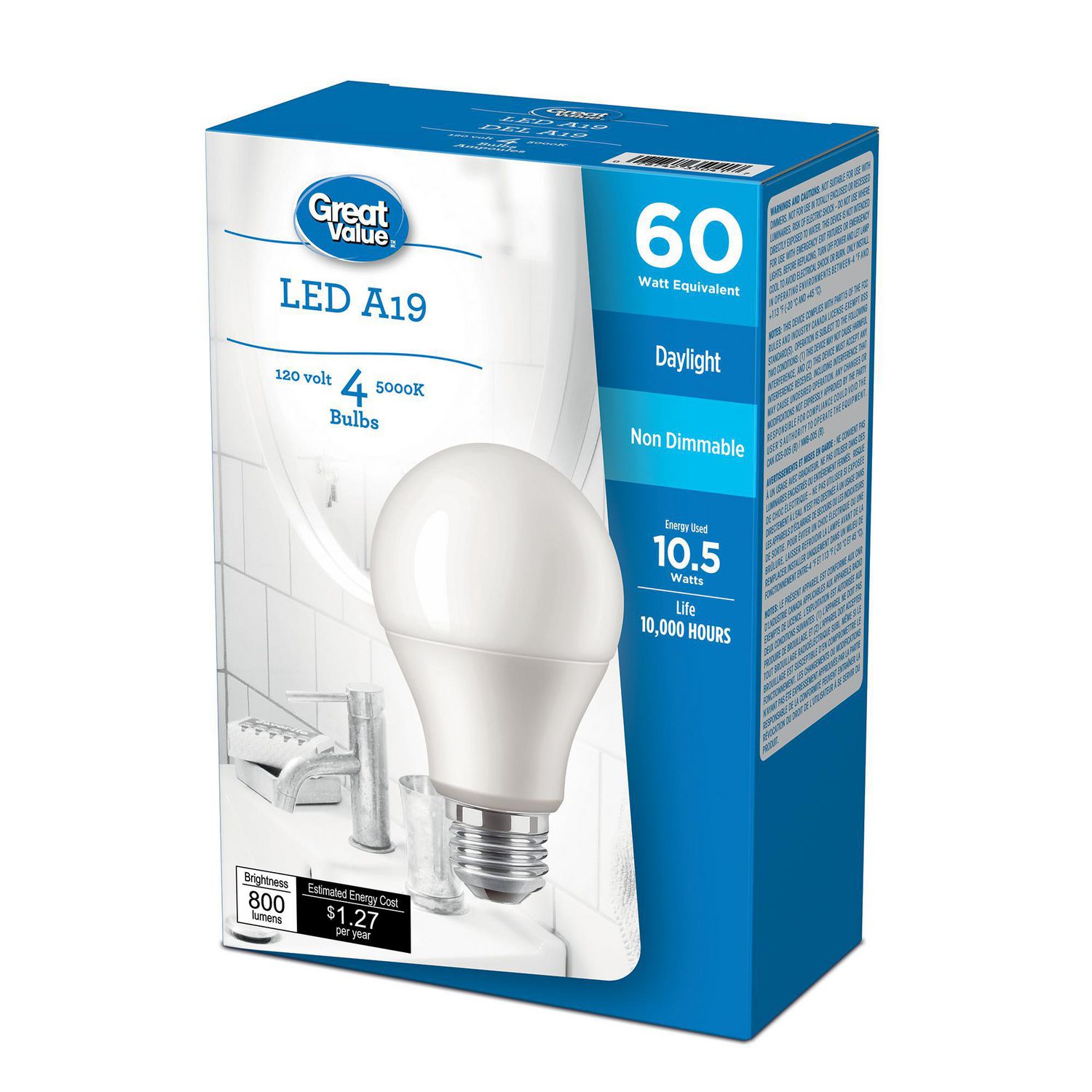 Great Value 60W A19 Daylight LED bulbs 4pack Walmart Canada