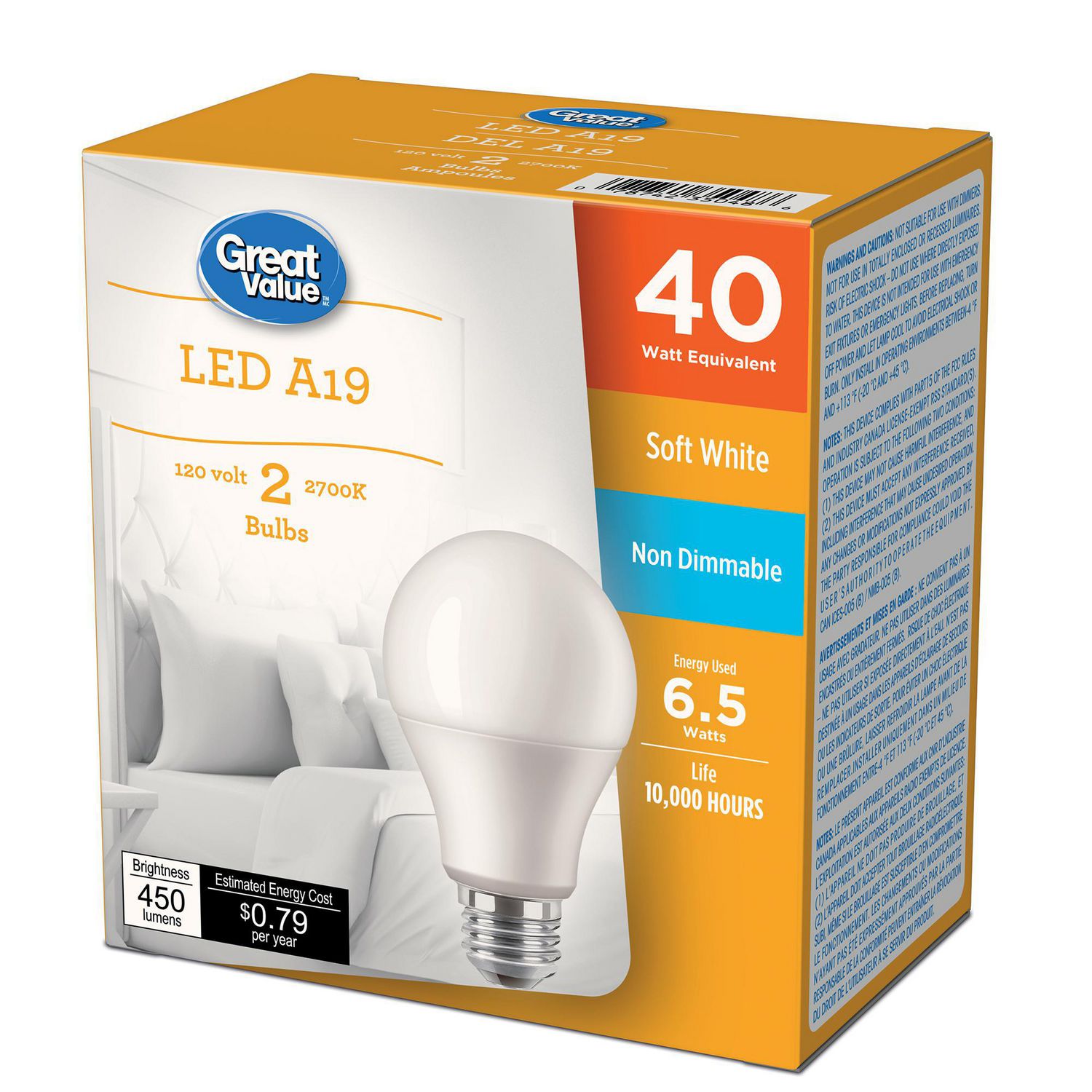 Great Value 40W A19 Soft White LED bulbs 2-pack, Non-dimmable, 450 lumens 