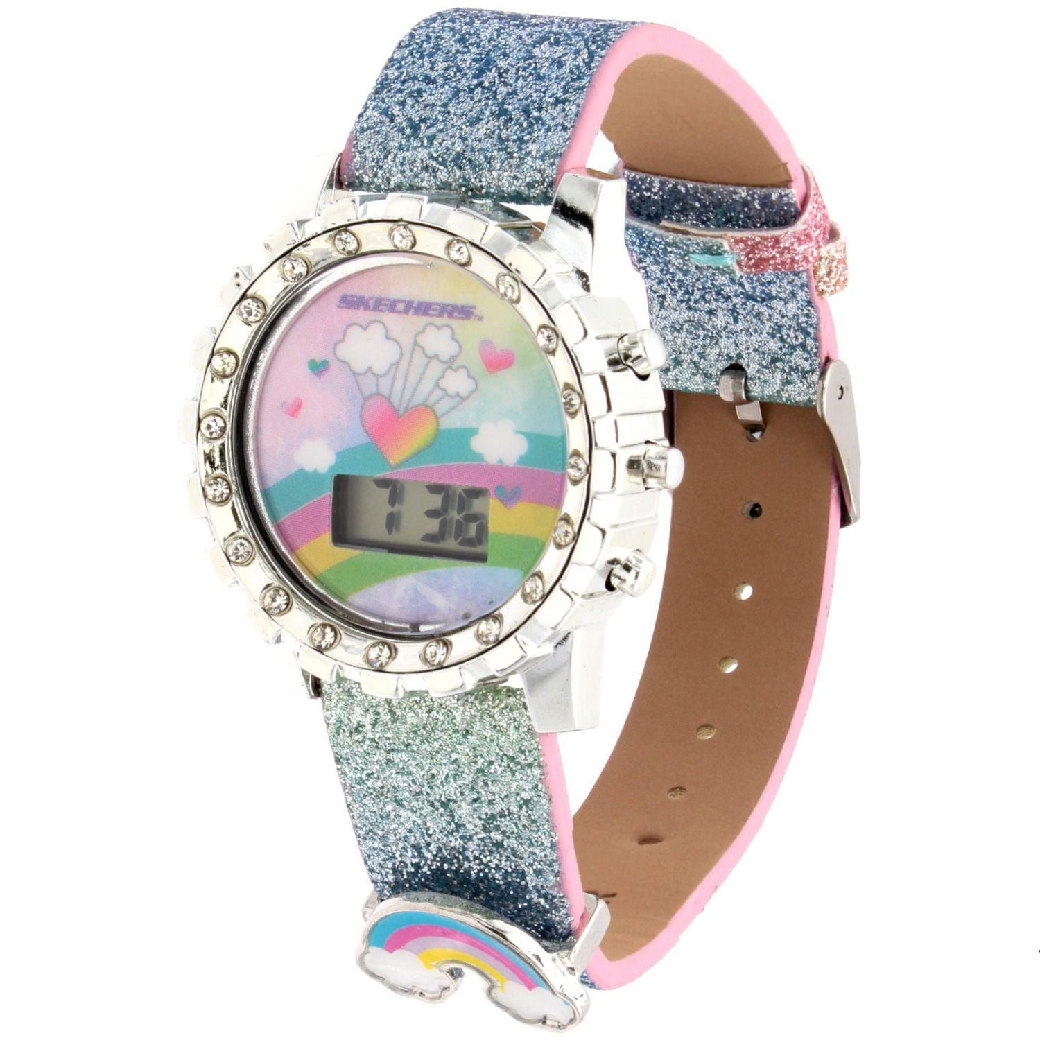 Montre Digitale Skechers Fille – Paillettes Arc-en-Ciel avec Lunette Argentée et Breloque Montre LED pour enfants