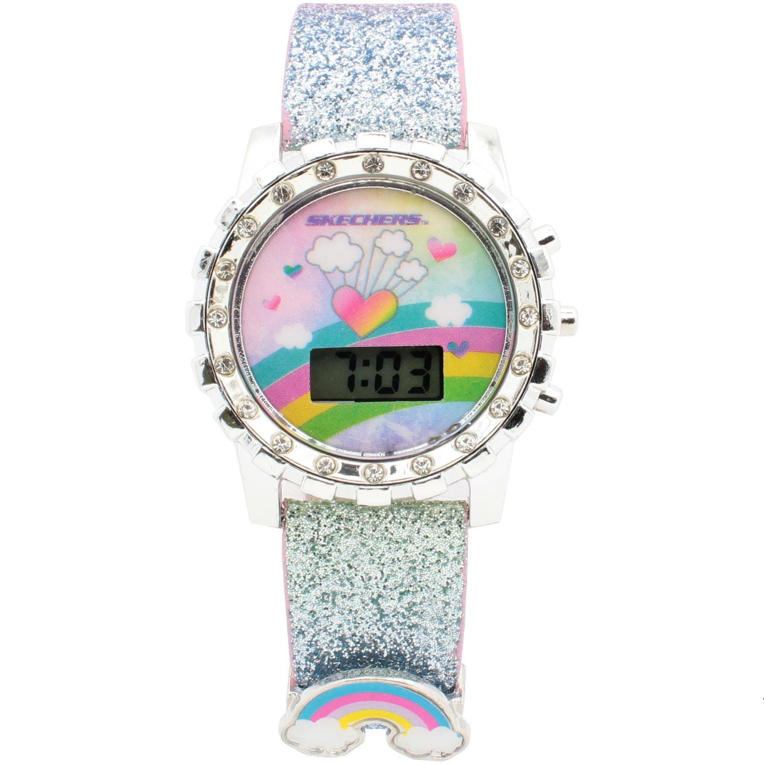 Skechers Girls' Glitter Rainbow Digital Watch – Silver Bezel with Charm, Kids LED Watch