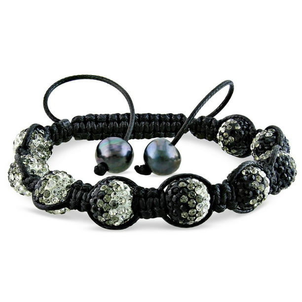 Bracelet macramé Asteria avec billes de zircons cubiques noirs et blancs et Perles cultivées d'eau douce noires 9-10mm, 8 po