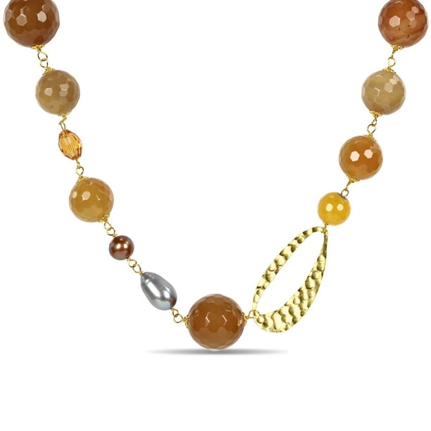 Collier Tangelo avec perles cultivées d'eau douce, agates brunes et jaunes, et cristaux orange en argent sterling plaqué jaune, 28 po