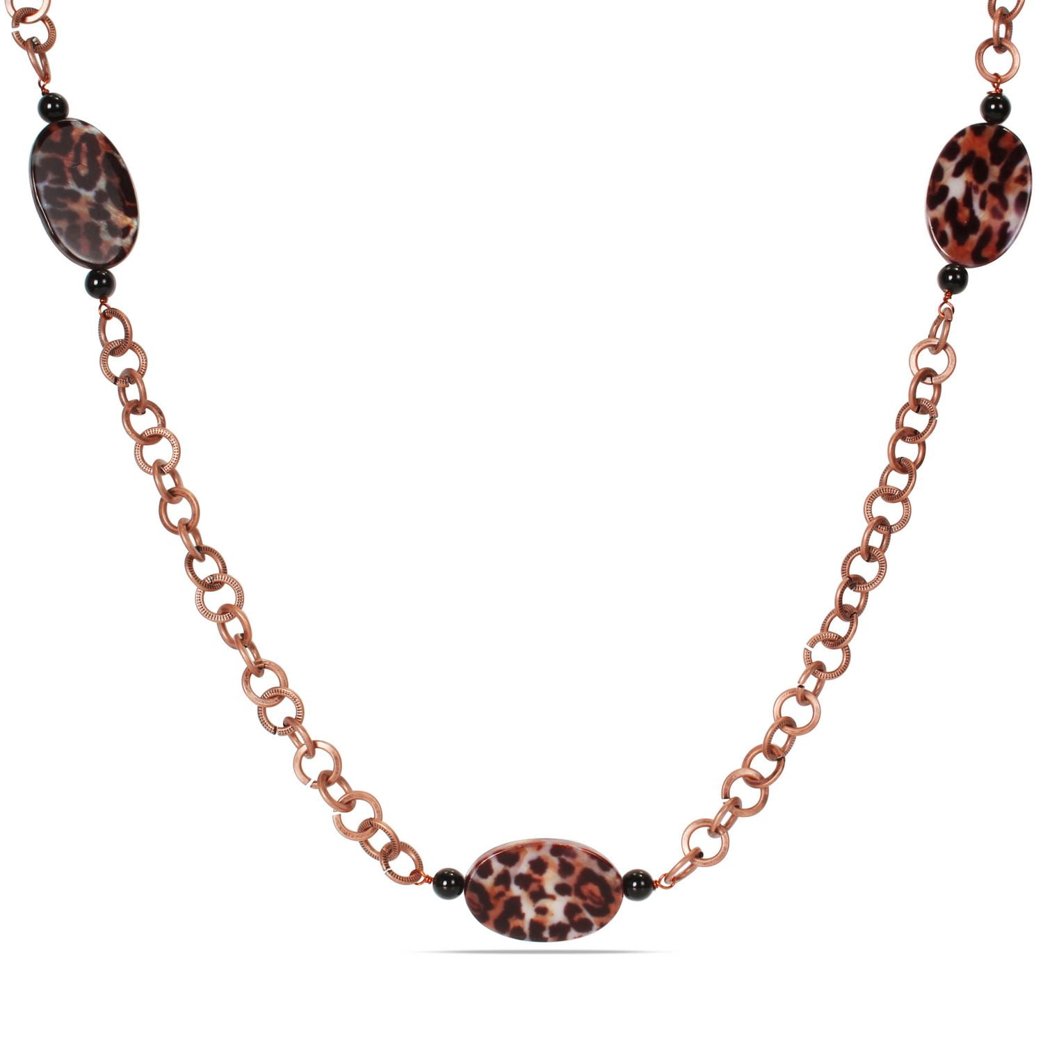 Tangelo Leopard and Onyx Beaded Link Necklace, 32"