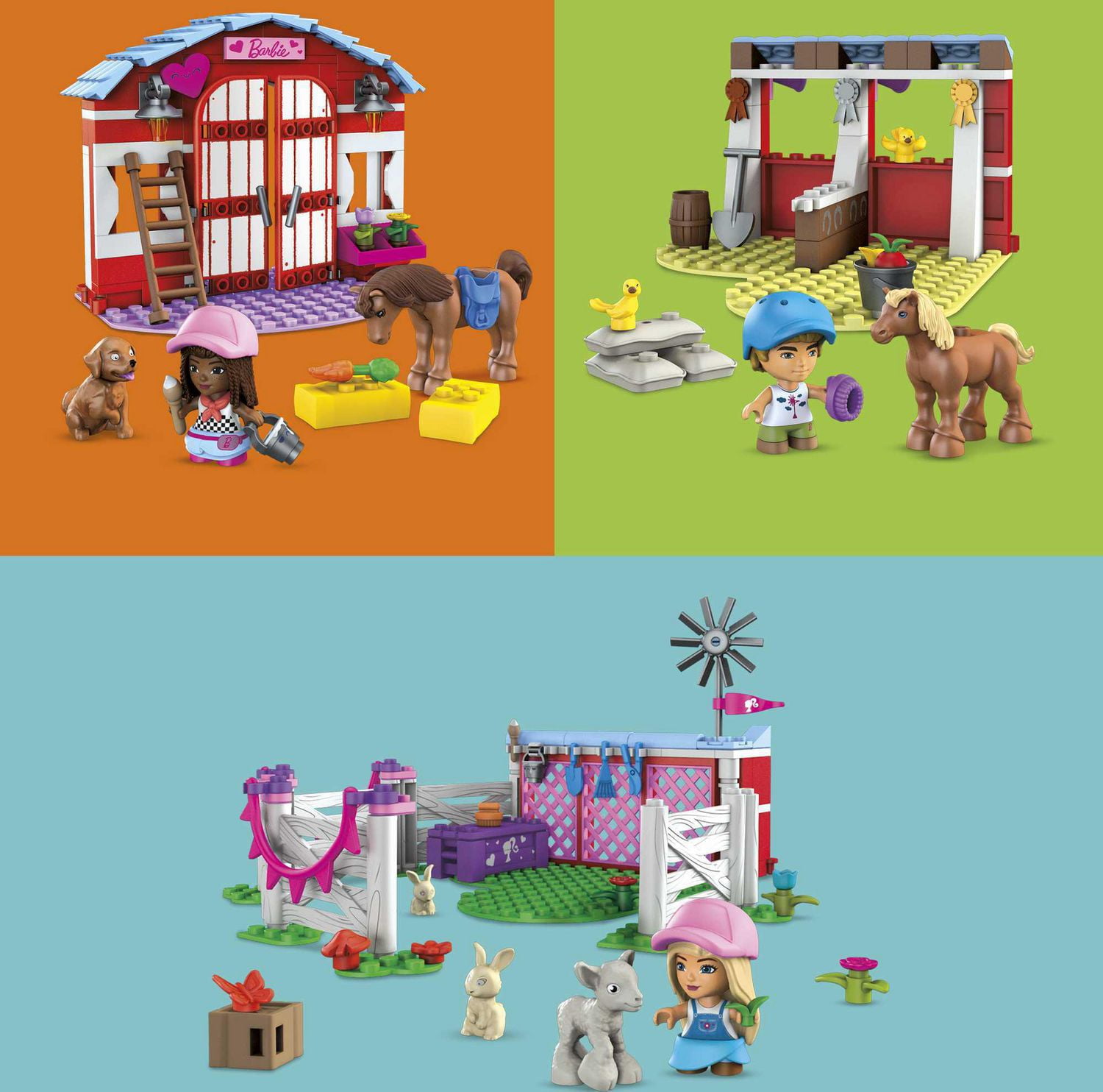 MEGA Barbie Pets Horse Stables Building Toy Playset with 3 Micro Dolls 9 Pets 304 Pieces Walmart