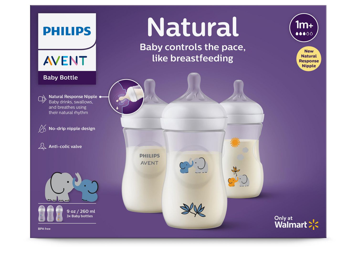Philips Avent Natural Baby Bottle With Natural Response Nipple, With Blue  Elephant Design, 9oz, 3 pack, SCY903/63, Avent Deco Bottle 9oz 3pk 