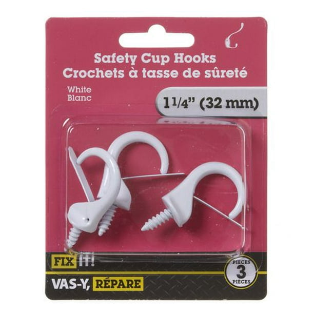 1-1/4 White Safety Cup Hook 3 Pieces, Cup hooks are a great hanger for  countless items. Product is designed with a sharp point to go easily into  wood. 