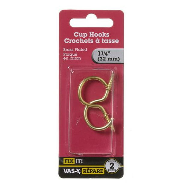1-1/4 Brass Cup Hook 2 Pieces, Cup hooks are a great hanger for countless  items. Product is designed with a sharp point to go easily into wood.