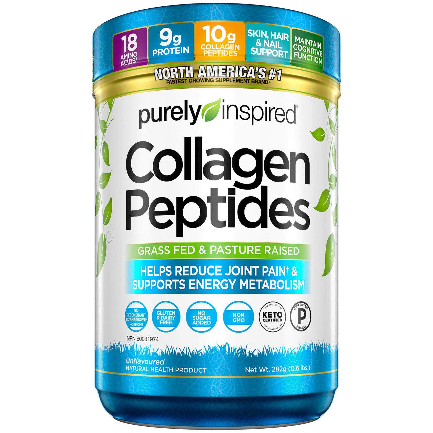 Purely Inspired Collagen Protein, Grass Fed & Pasture Raised Collagen Peptides Powder, Unflavoured (Non-GMO, Gluten Free, Dairy Free, Keto Certified)