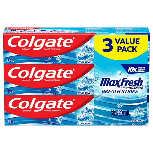 Colgate Max Fresh Toothpaste with Mini Breath Strips, Cool Mint, 3 X 150 mL