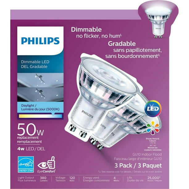 Ampoule DEL PHILIPS<br>GU10 4 W lumière du<br>jour (remplace 50 W)<br>paq. de 3