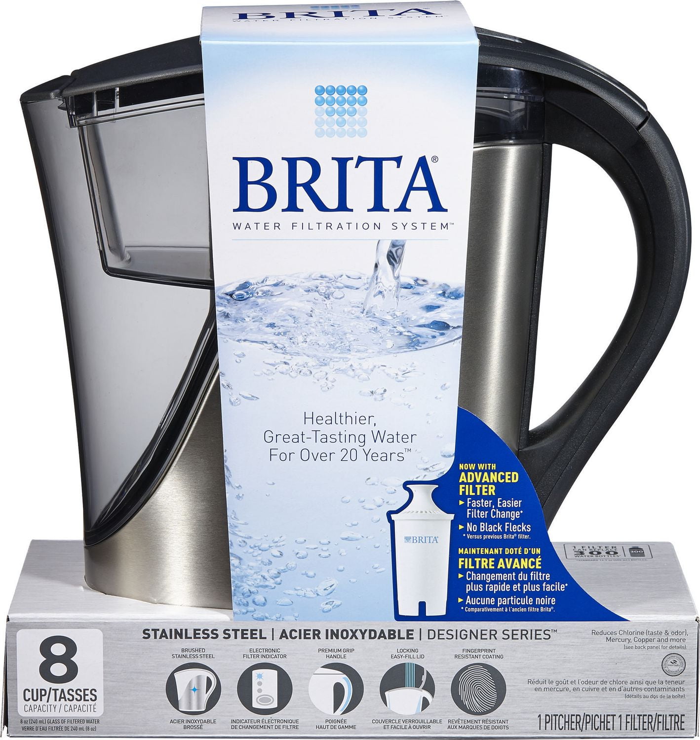 Brita Stainless Steel Water Filter Pitcher with 1 Standard Filter, 8