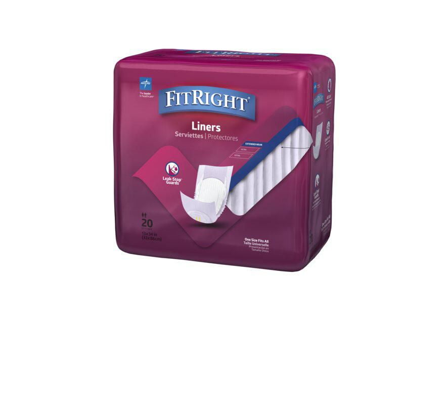 Fitright Incontinence Liners, Maximum Absorbency, Size 13"x34", Bag of 20