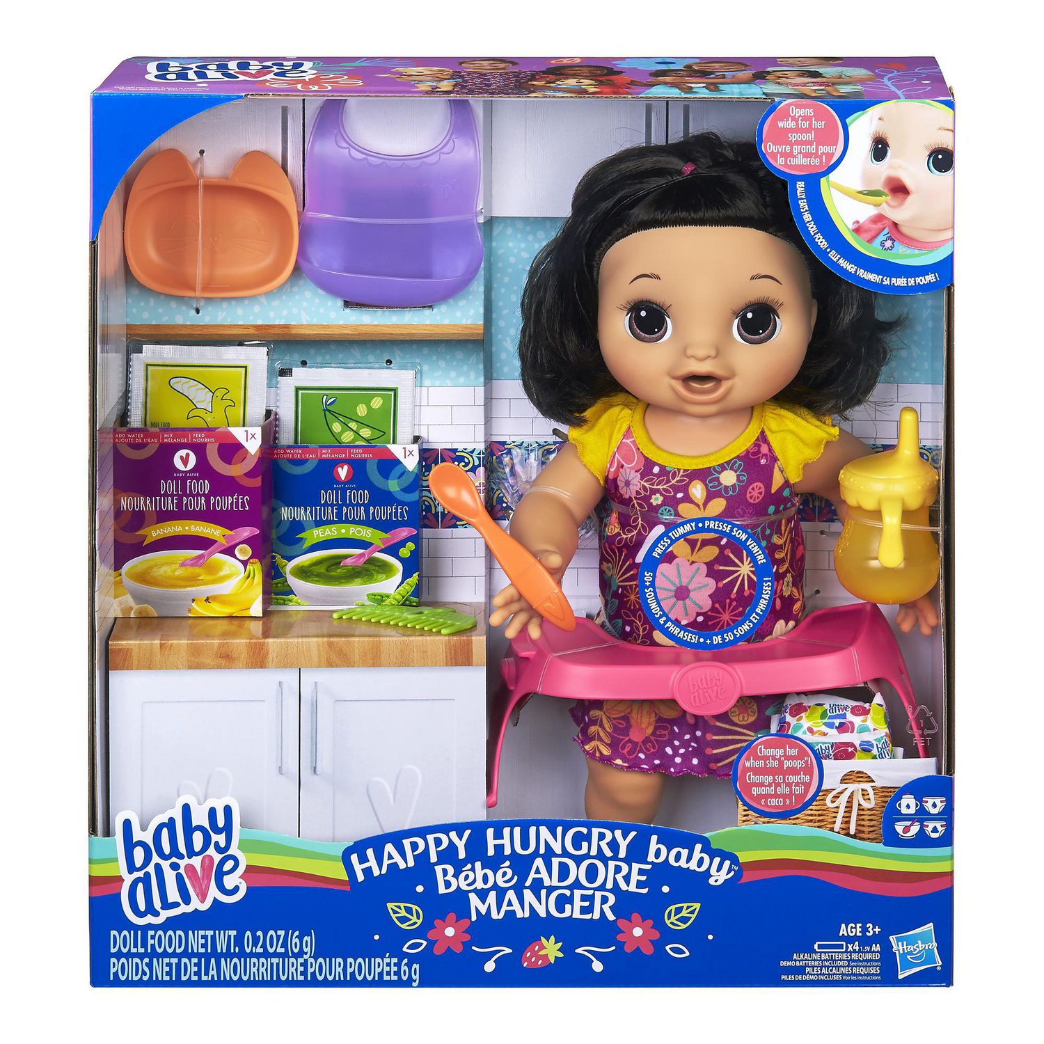 Baby Alive Happy Hungry Baby Black Straight Hair Doll Bilingual