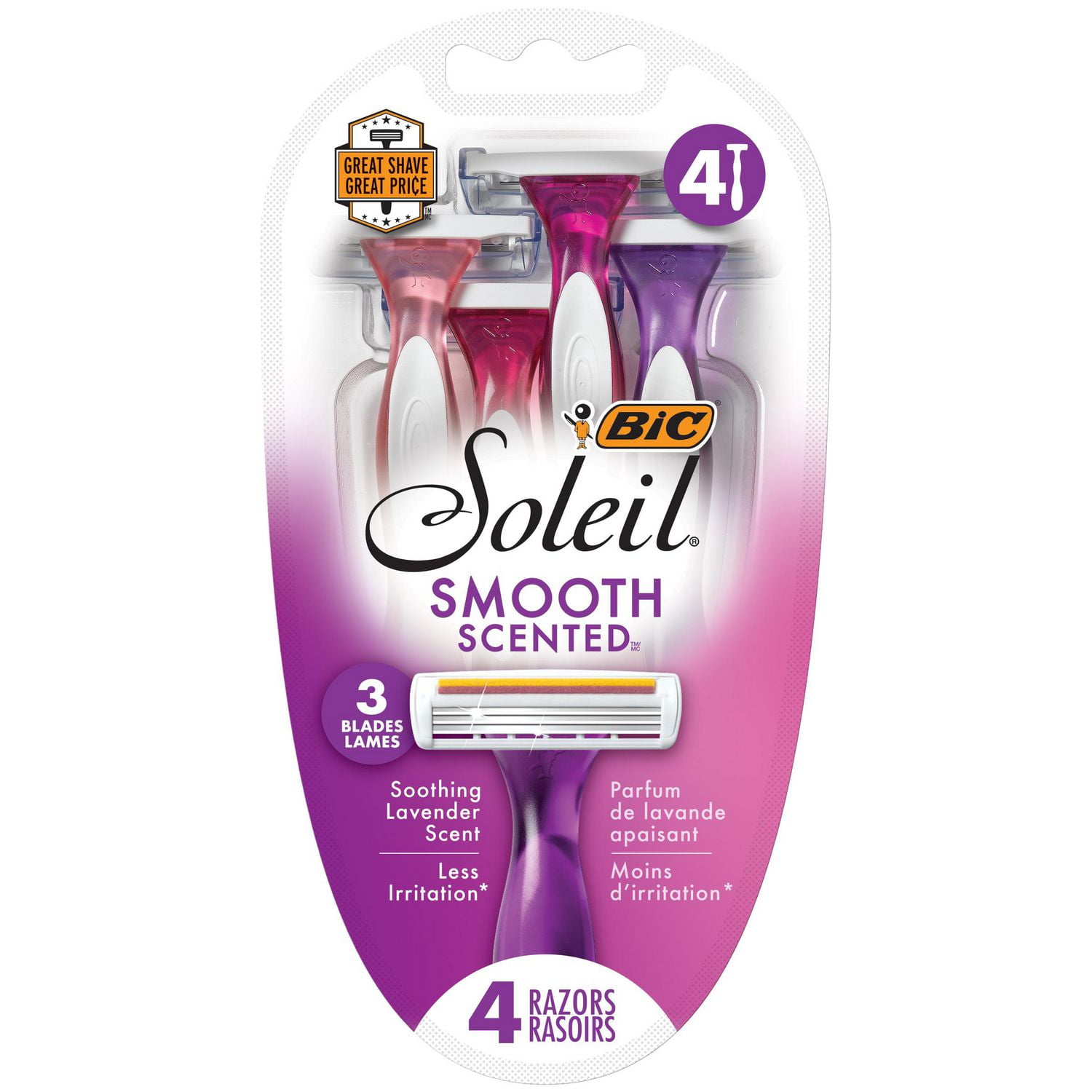 BIC Soleil Smooth Scented Women's Disposable Razor, 3 Blades with a  Moisture Strip For a Silky Shave, Assorted, 4 Piece Razor Set, 4 Pack 