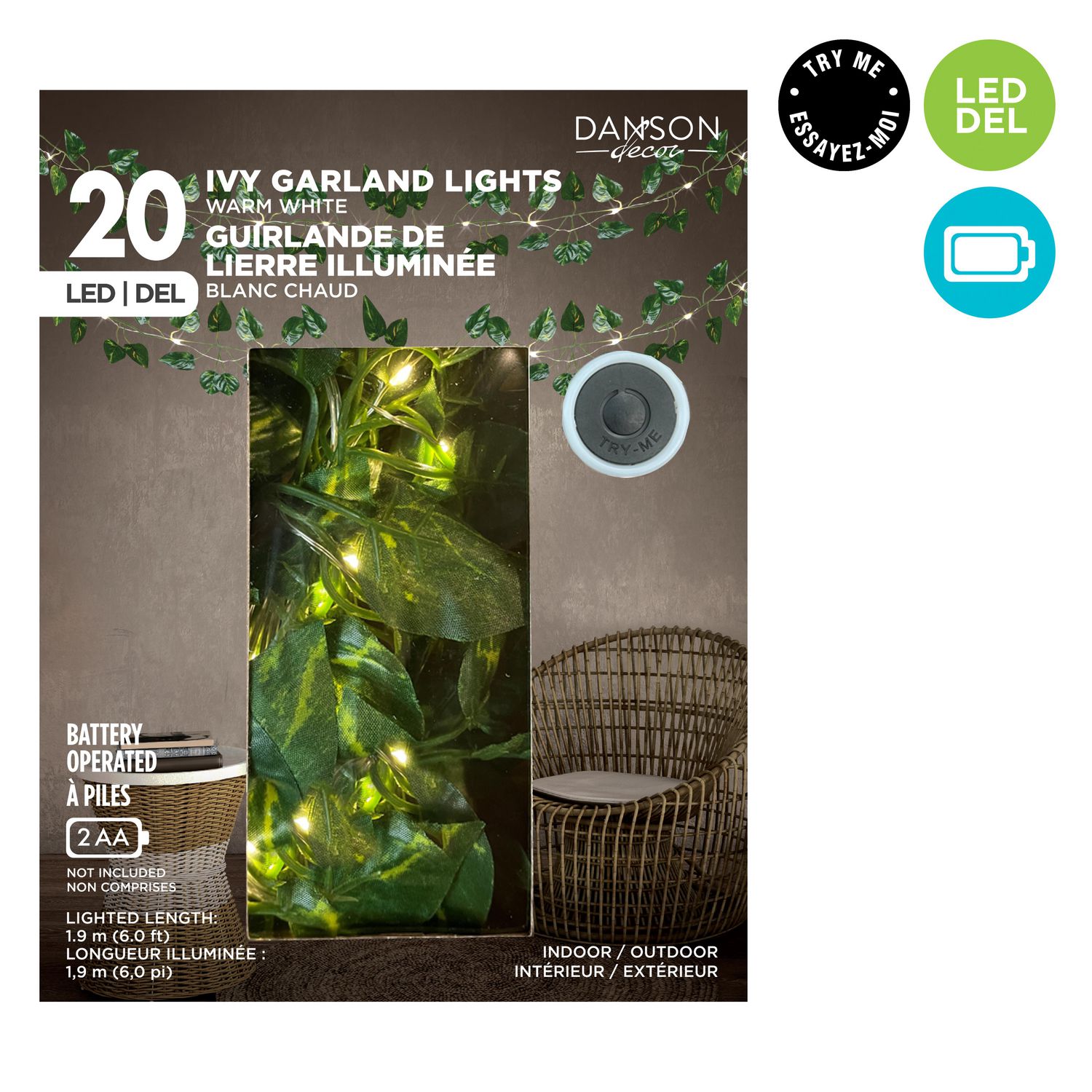 Danson Decor, Prelit Battery Operated Ivy Leaf Garland, 20L Microdot LED -  6 units