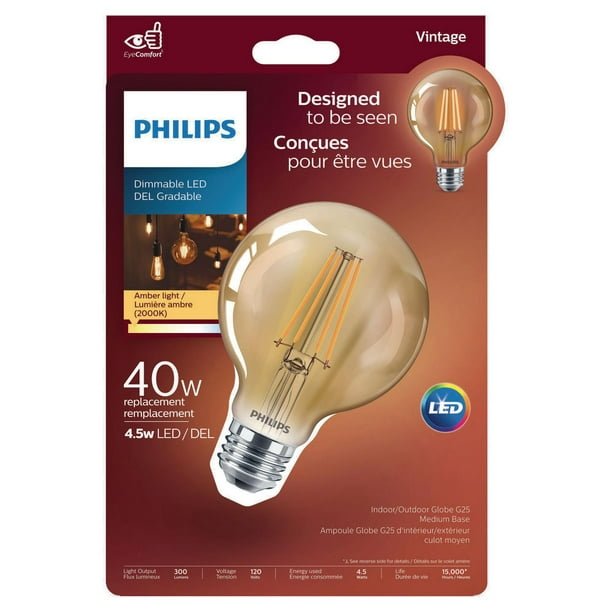 Ampoule DEL PHILIPS<br>Vintage G25 4,5 W <br>lumière ambrée<br>(remplace 40 W)
