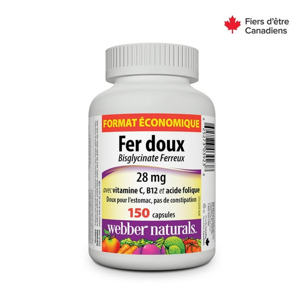 Webber Naturals Suplemento de hierro suave con vitamina C, B12 y ácido  fólico, 28 mg, 150 cápsulas, apto para el estómago, no estreñimiento, ayuda  a